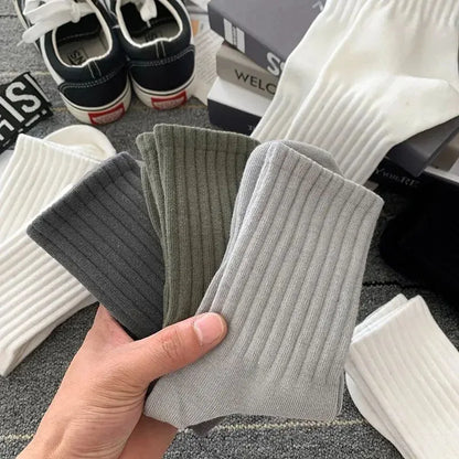 5 Pairs Men's Socks - Breathable Plain Outdoor Sport Socks - Casual Cotton Mid Socks - Harajuku Casual Style - Plain Basketball Socks