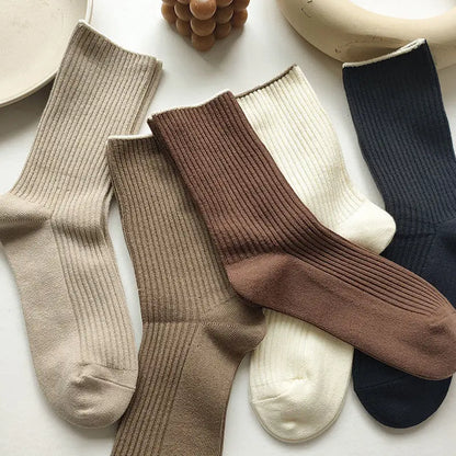 5 Pairs New Japanese Socks - Women's Plain Socks - Casual Cotton Socks for Autumn - Simple Mid Length Socks for Women 