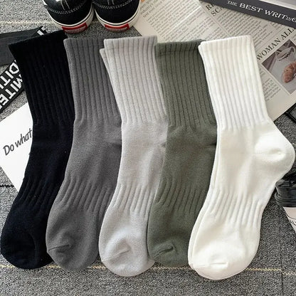 5 Pairs Men's Socks - Breathable Plain Outdoor Sport Socks - Casual Cotton Mid Socks - Harajuku Casual Style - Plain Basketball Socks