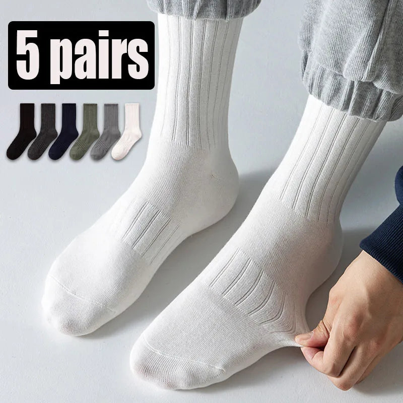 5 Pairs Men's Socks - Breathable Plain Outdoor Sport Socks - Casual Cotton Mid Socks - Harajuku Casual Style - Plain Basketball Socks