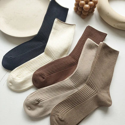 5 Pairs New Japanese Socks - Women's Plain Socks - Casual Cotton Socks for Autumn - Simple Mid Length Socks for Women 